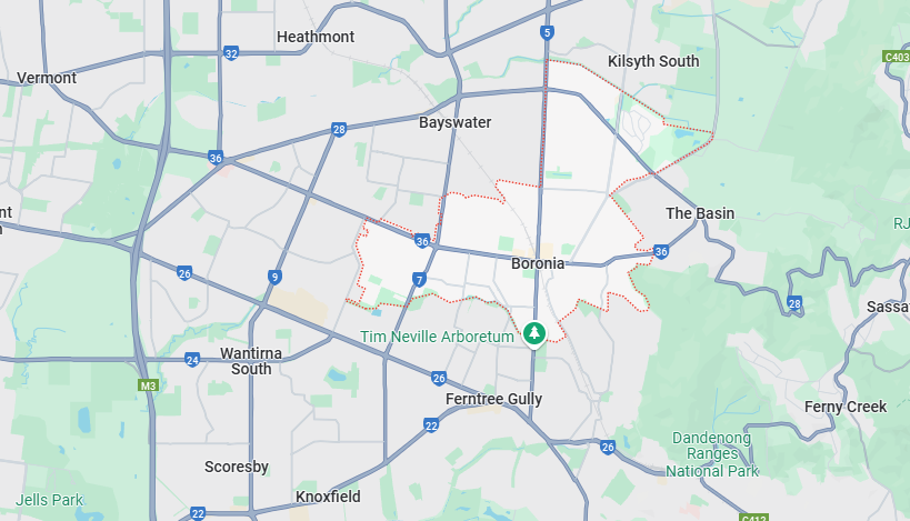 image of the map of Boronia and nearby areas, where our plumber Boronia services