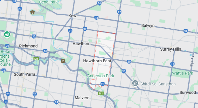image of the map of Hawthorn East, where our plumber Hawthorn East services