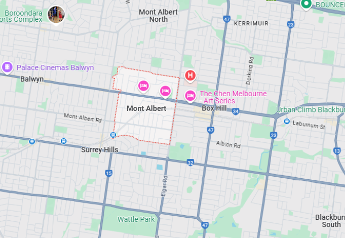 image of the map of Mont Albert and nearby places that our plumber Mont Albert services