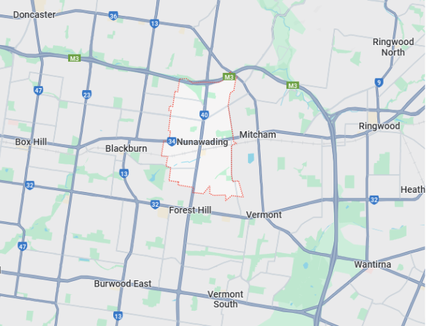 image of the map of Nunawading that our plumber Nunawading services