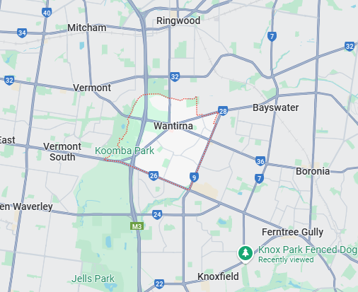 image of the map of Wantirna, showing different locations that our plumber Wantirna covers
