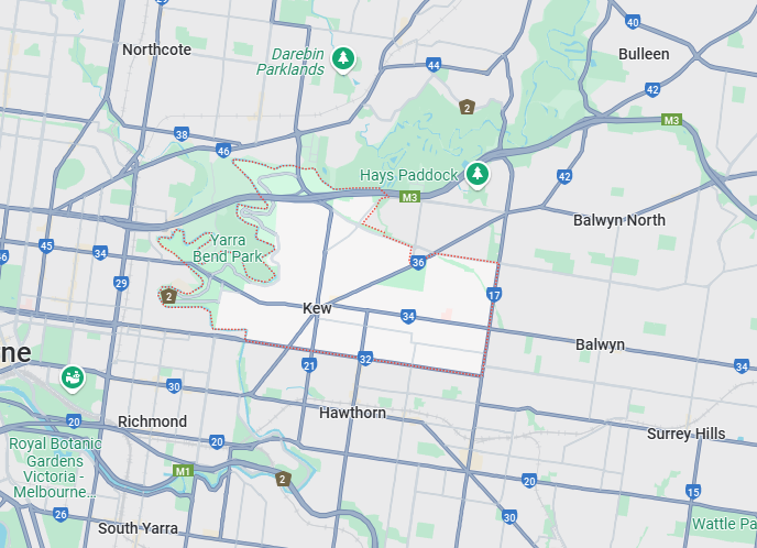 image of the map of Kew and nearby suburbs, where our plumber Kew services