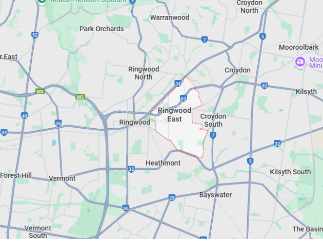 image of the map of Ringwood East and surrounding areas, where our plumber Ringwood East services