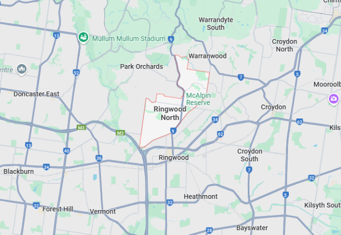 image of the map of Ringwood North and nearby areas, where our plumber Ringwood North services